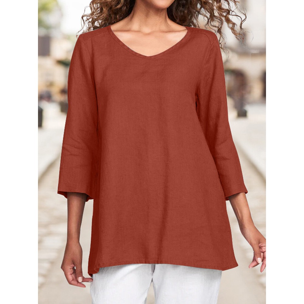 Women Plain Crew Neck Cotton Casual 3/4 Sleeve Blouse Women Plain Crew Neck Cotton Casual 3/4 Sleeve Blouse