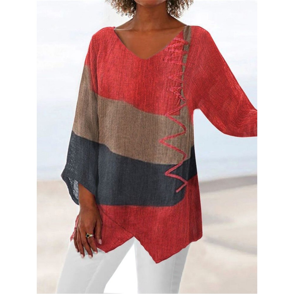 Women Color Block Print Patchwork V-Neck Cotton Irregular Hem Blouse Women Color Block Print Patchwork V-Neck Cotton Irregular Hem Blouse