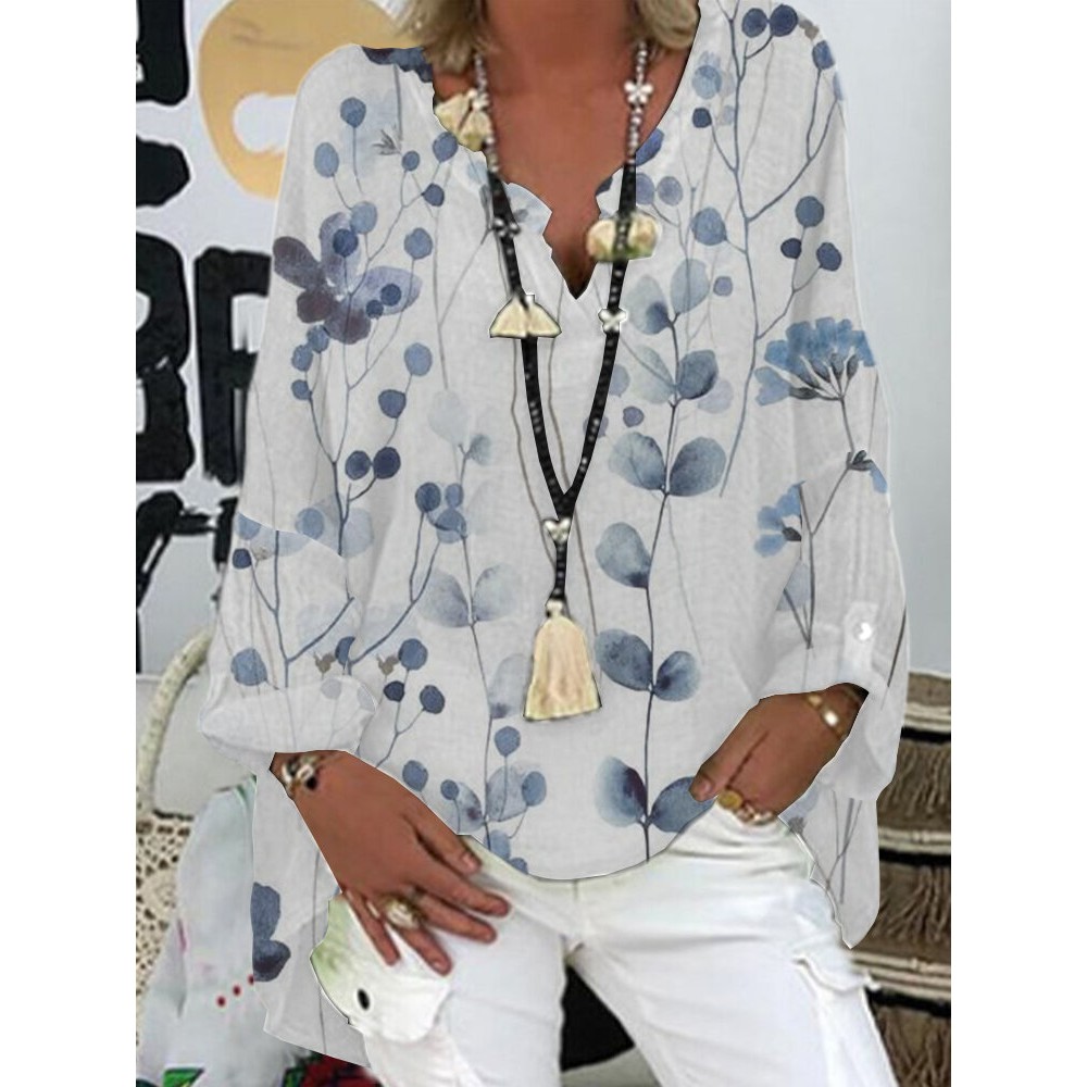 Women Watercolor Floral Print Notched Neck Long Sleeve Blouse Women Watercolor Floral Print Notched Neck Long Sleeve Blouse