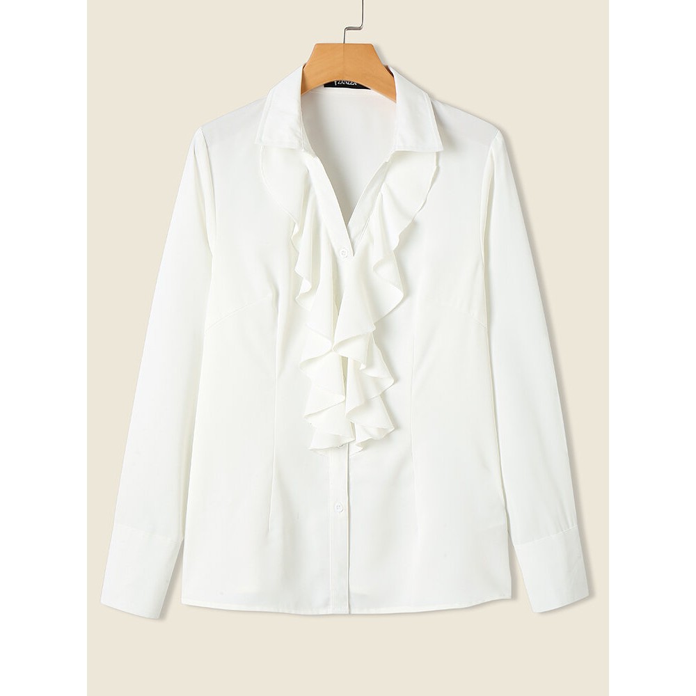 Solid Ruffle Button Lapel Long Sleeve Blouse Solid Ruffle Button Lapel Long Sleeve Blouse