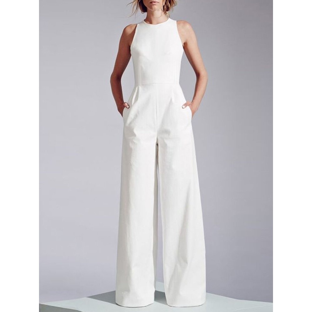 Women Solid Crew Neck Sleeveless Wide Leg Jumpsuit Women Solid Crew Neck Sleeveless Wide Leg Jumpsuit