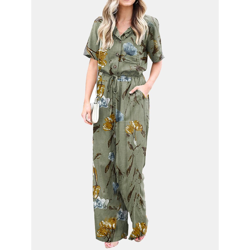 Plant Print Pocket Button Drawstring Casual Cotton Jumpsuit Plant Print Pocket Button Drawstring Casual Cotton Jumpsuit