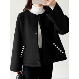 Women Solid Collarless Button Front Casual Long Sleeve Jacket